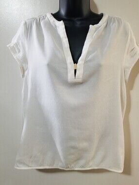Zara White Gold Bar Split Neck Blouse Size M